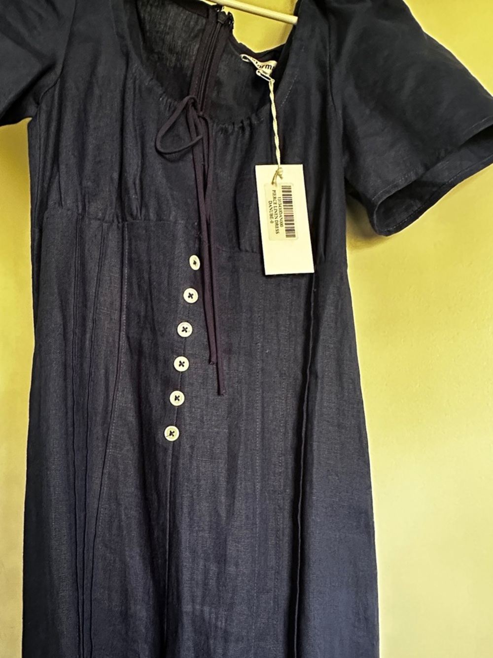 Reformation  LINEN Navy Puff-Sleeve Midi Dress